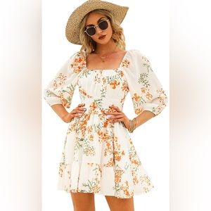 EXLURA Lantern Sleeve Tie Back Casual Dress Ruffled Off Shoulder A-Line Dress, S